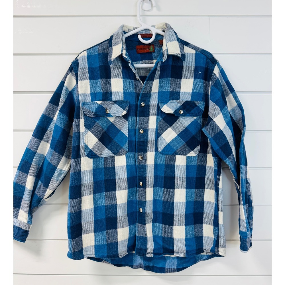 Fieldmaster Vintage Blue Buffalo Plaid Flannel Shirt Made in USA Cotton Large